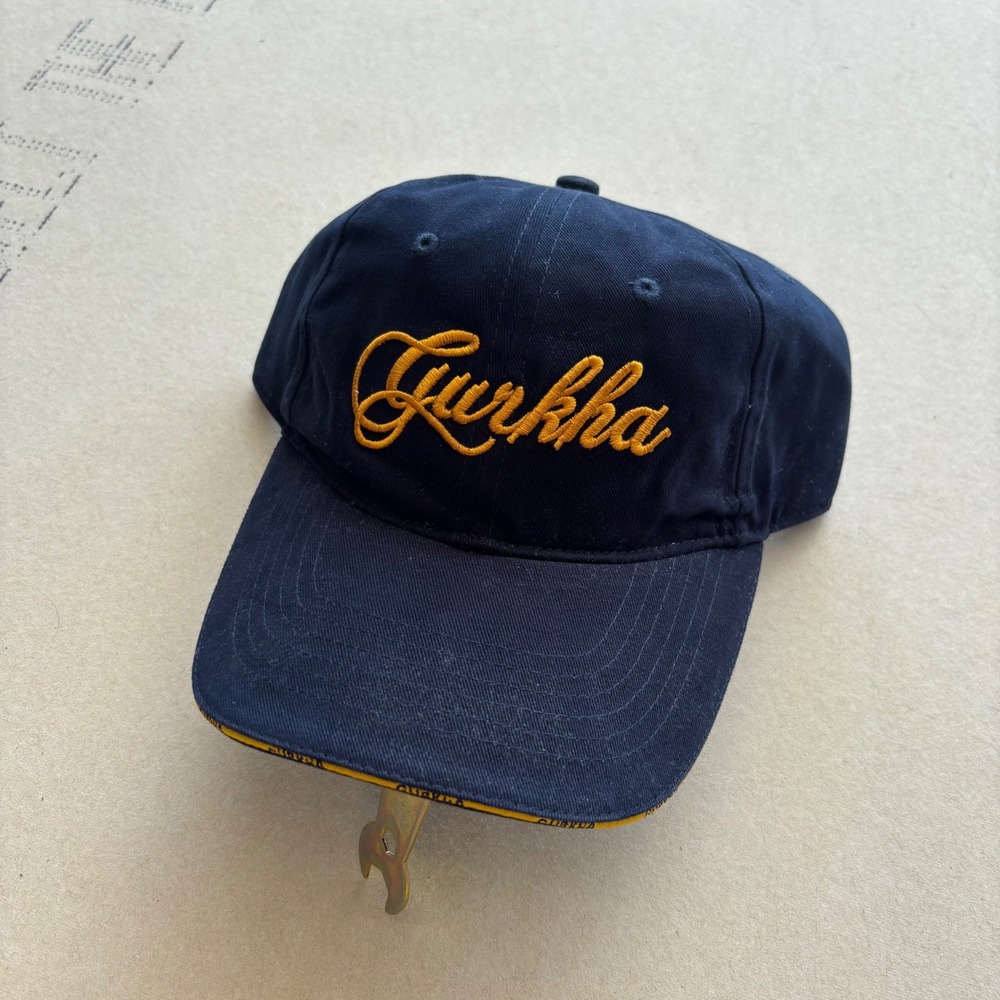 Vintage 90s Gurkha Cigars Hat Cap Navy Blue Gold Script Promo Adjustable